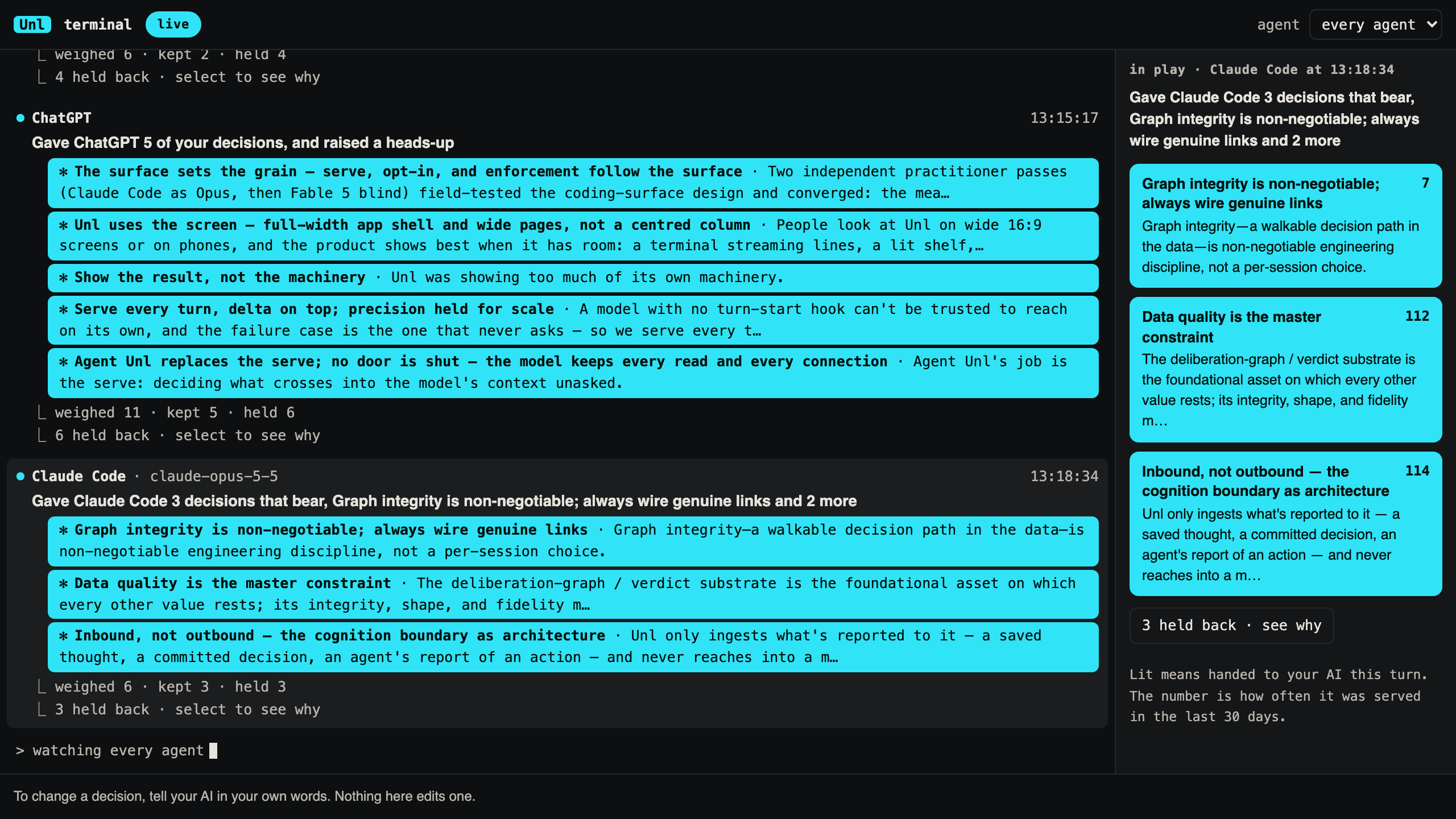 The Unl panel in the editor, showing the decisions handed to the AI on each turn